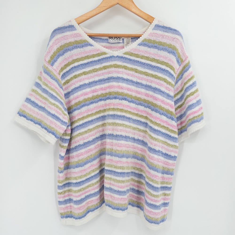 Vintage 90s Knit Sweater Shirt Women 2X Pastel Striped Grannycore Cottage Retro